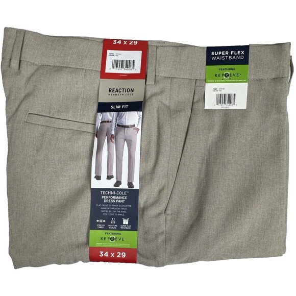 Kenneth Cole Techni-Cole Performance Dress Slim Fit Pant 34x29 Tan Chino Slacks - Picture 1 of 9